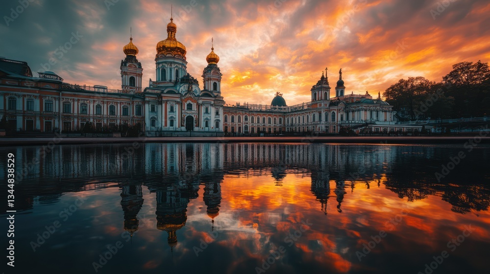 Fototapeta premium Sunset Reflection of the Cathedral of the Smolensk Icon of the Mother of God in the city of Smolensk, Russia