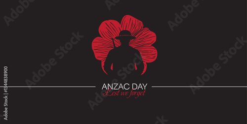 Banner or postcard with red poppy flower and soldier on a black background in honor of memory to the dead. A symbol of memory of defenders and a Aznac day, in honor of veterans and congratulations.