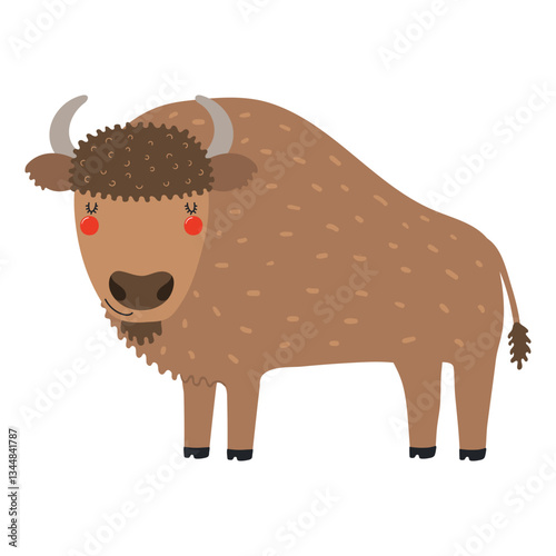 Cute cartoon wild bison character illustration. Hand drawn Scandinavian style flat design, isolated vector. Wild animal, forest wildlife, woodland creature. Kids clip art, print element, poster