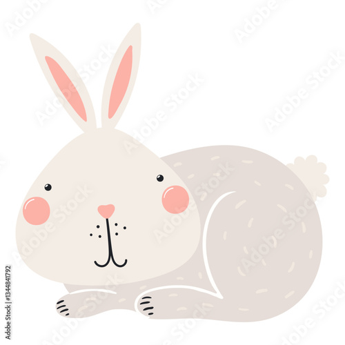 Cute cartoon hare character illustration. Hand drawn Scandinavian style flat design, isolated vector. Wild animal, forest wildlife, woodland creature. Kids clip art, print element, banner, poster