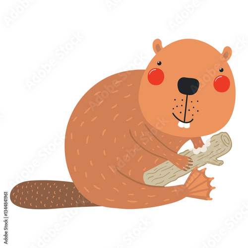 Cute cartoon beaver character illustration. Hand drawn Scandinavian style flat design, isolated vector. Wild animal, forest wildlife, woodland creature. Kids clip art, print element, banner, poster