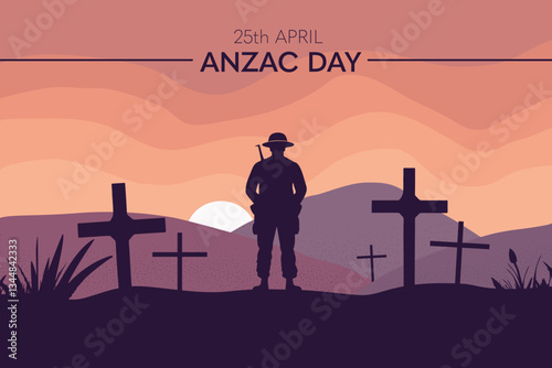 The silhouette of a soldier at sunset among tombstones, cemeteries. Design poster in honor of veterans and the day of memory of the dead in the war, Aznac day