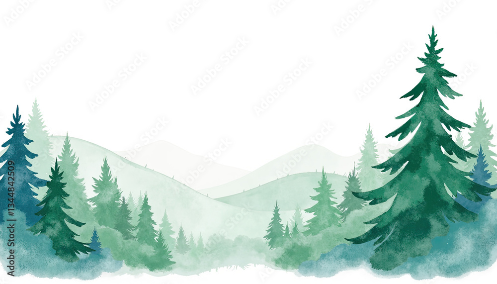 Fototapeta premium Watercolor forest landscape with trees and mountains in green tones 