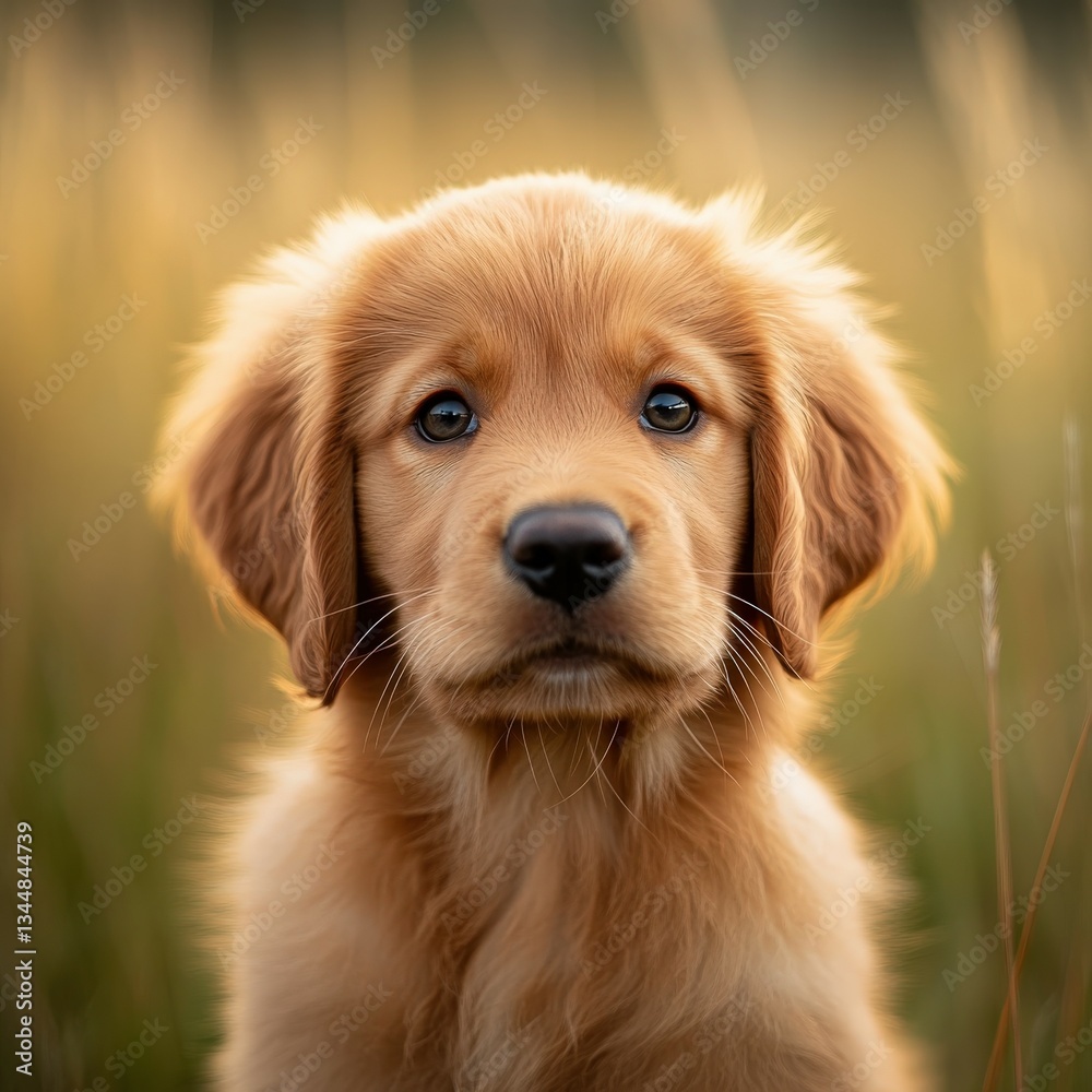 Golden retriever puppy in a grassy field at sunset Golden retriever puppy in a grassy field at sunset
