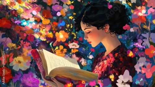 Woman Reading Book in Floral Garden