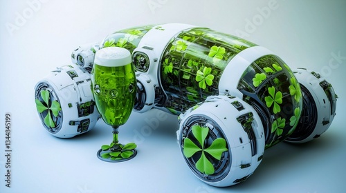 A futuristic robot with clover patterns on its chassis serving green beer