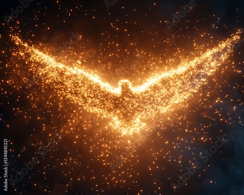 A glowing bird made of countless shining particles floating in space