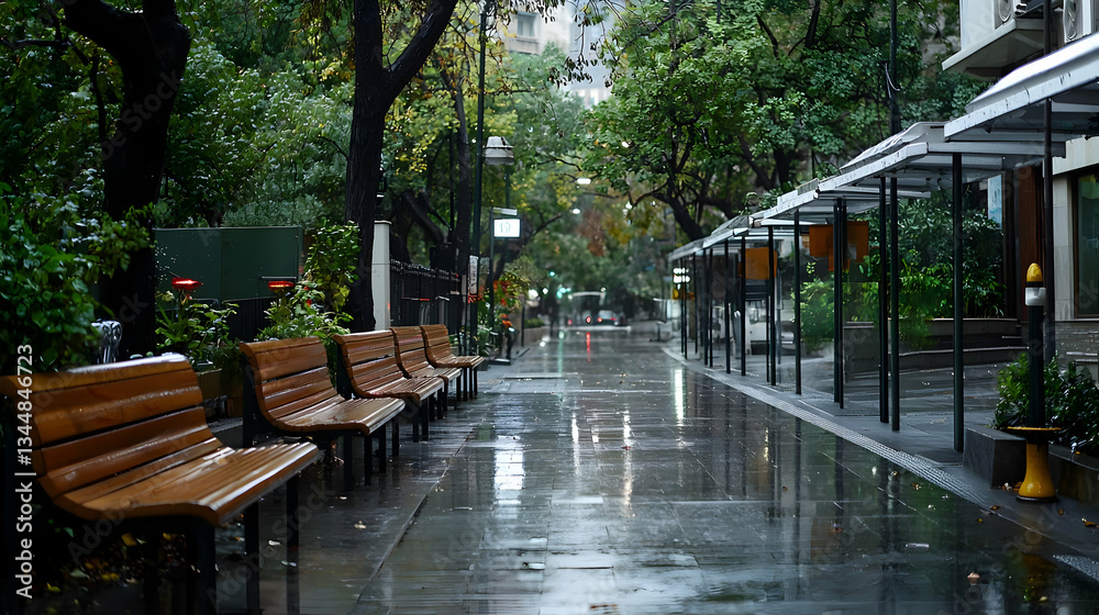 Obraz premium Rainy City Street Scene With Empty Wooden Benches Under Tree Canopy And Overcast Sky During The Afternoon