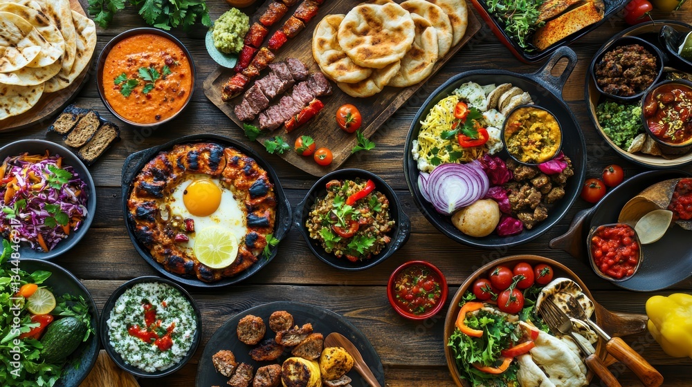 Fototapeta premium Diverse global cuisine spread, various dishes on a wooden table, feast, meal, food photography