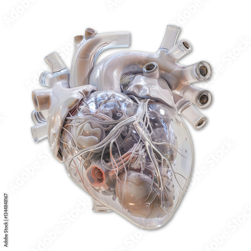 3D render of a futuristic artificial heart with transparent design on transparent background