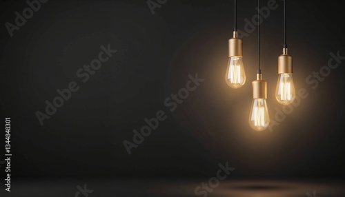 three vintage edison light bulbs hanging on black background with warm glowing filament creating cozy atmosphere for interior design and modern industrial style