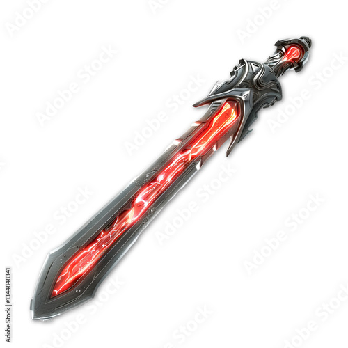 3D render of a dark fantasy glowing sword with red energy on transparent background