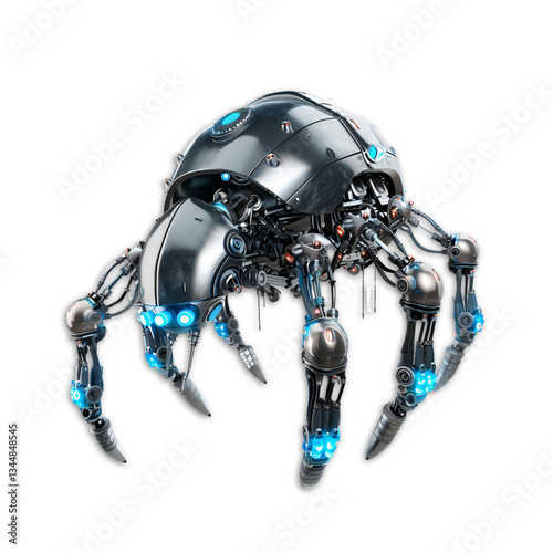 3D render of a futuristic cybernetic spider robot with glowing blue lights on transparent background