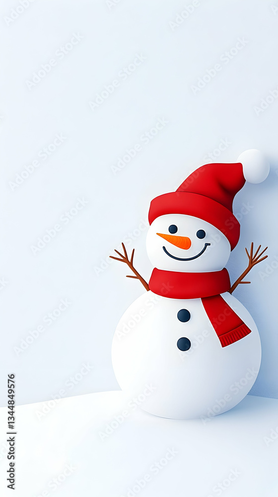 Fototapeta premium Cheerful snowman in red hat and scarf against a light blue background