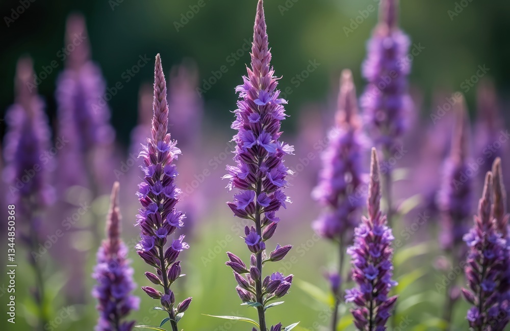 Obraz premium Close-up shows vibrant purple hyssop blossoms in full bloom. Floral nature photo ideal for backgrounds, prints, or design. Lush elegant peaceful garden with green leaves.