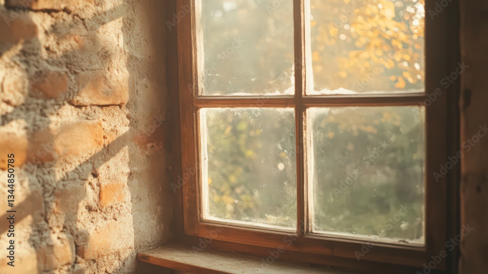 Fototapeta premium Rustic Window with Warm Sunlight and Autumnal Landscape