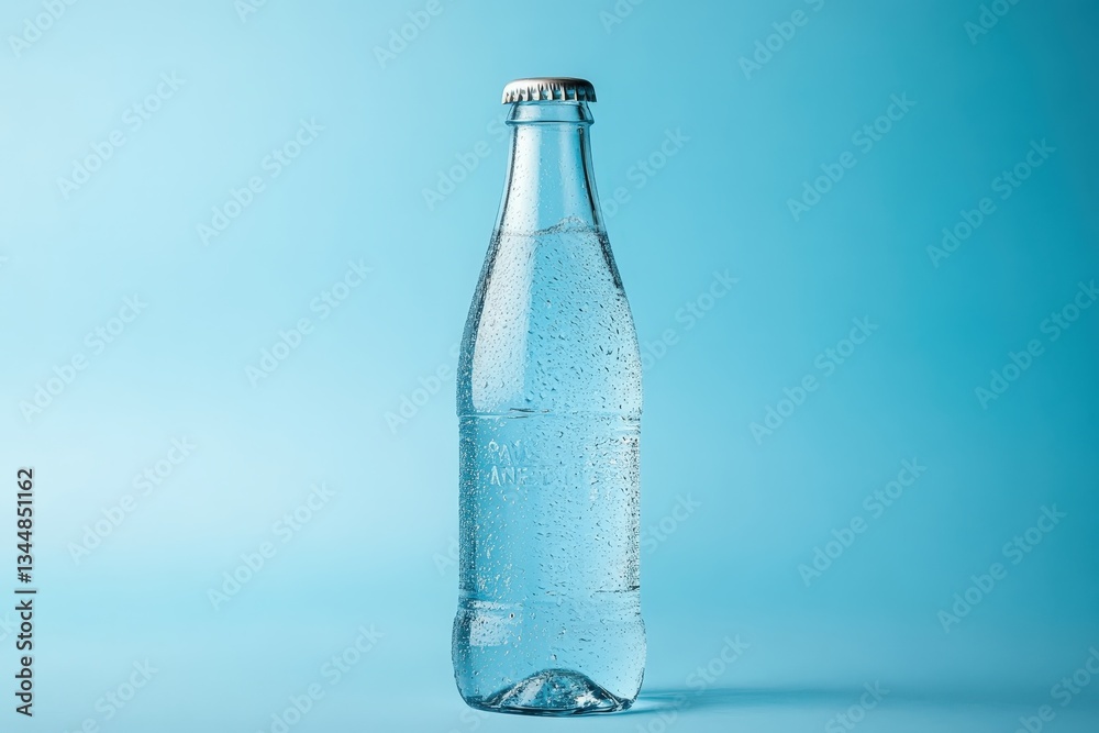 A clear glass bottle filled with refreshing water stands alone A clear glass bottle filled with refreshing water stands alone