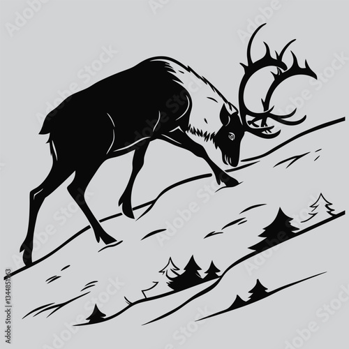 a caribou struggling through snow silhouette vector design art and illustration