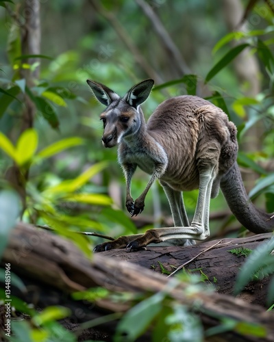 Western Grey Kangaroo carefully stepping over fallen log a dense riverine woodland rich green foliage surrounding it overcast light bringing out soft and even detail taken at f4 for subject isolation