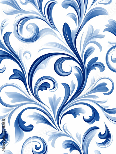 Elegant blue floral swirl pattern on white background