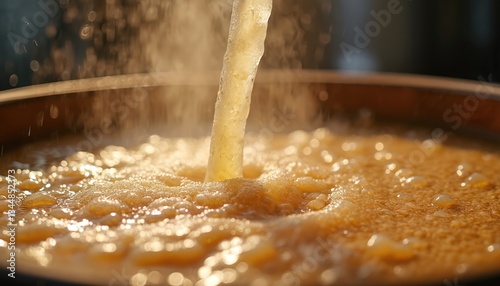 Mash tun inside brewery. Hot water mixes with crushed malt. Beer production process. Close-up view fermenting mash in a barrel. Traditional alcohol manufacture. Preparation of beer mash.