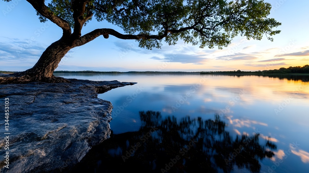 Serene Lakeside Tree at Sunset Tranquil Scenery, Calm Waters & Scenic Landscape Serene Lakeside Tree at Sunset Tranquil Scenery, Calm Waters & Scenic Landscape