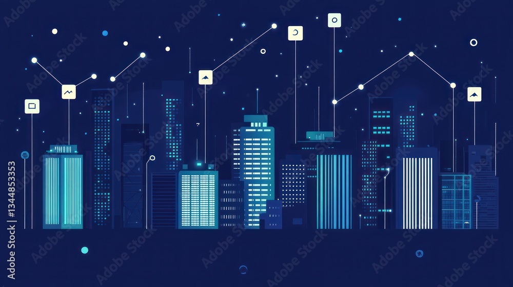 Fototapeta premium Futuristic city skyline at night, data connections, abstract illustration, for technology presentation