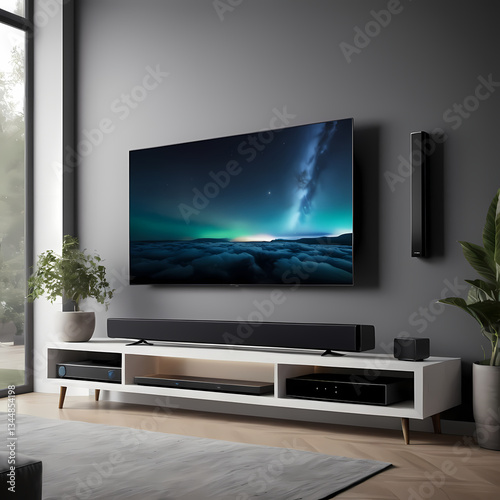 Modern smart tv connected with sound bar. Home entertainment system.  