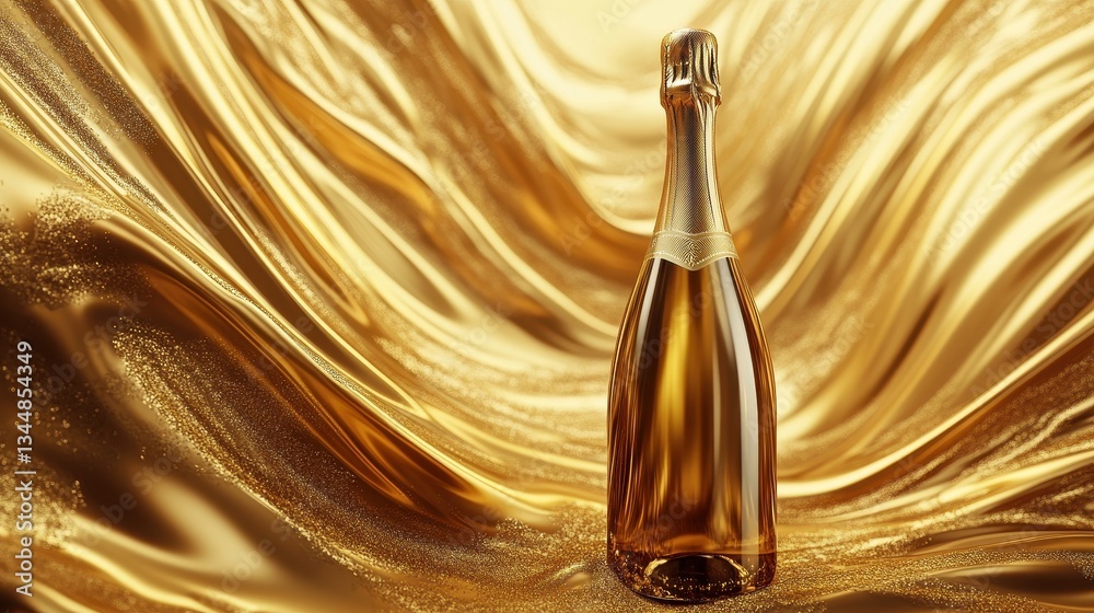 Naklejka premium A golden bottle of bubbly stands against a luxurious gold backdrop