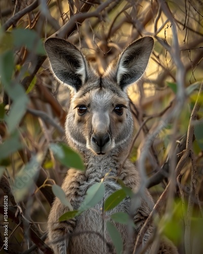 Western Grey Kangaroo cautiously peeking through dense outback shrubland face partially concealed twisted branch Dappled sunlight filter through foliage casting warm highlight across curious eye photo