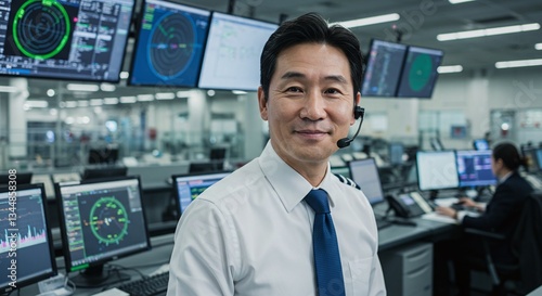 Wallpaper Mural Successful Leader in Control Room: An Asian male professional with a headset stands confidently in a high-tech control room filled with monitors displaying data, symbolizing expertise and leadership. Torontodigital.ca