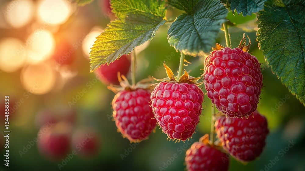 A bunch of ripe raspberries hanging from a tree branch A bunch of ripe raspberries hanging from a tree branch