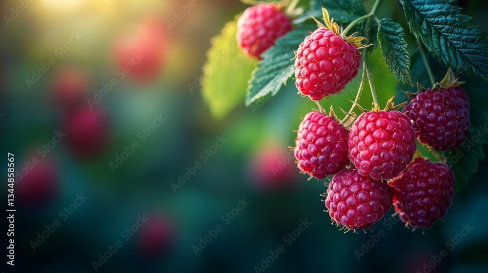 A bunch of ripe raspberries hanging from a tree branch