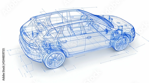 Blue Outline of a Car Model Displaying Technology and Design Elements on White Background