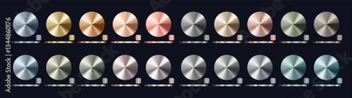 Realistic metallic gradient set with brushed textures in various shades of gold, silver, bronze, steel. Shiny polished surfaces for branding, design, and luxury product visuals. Vector illustration