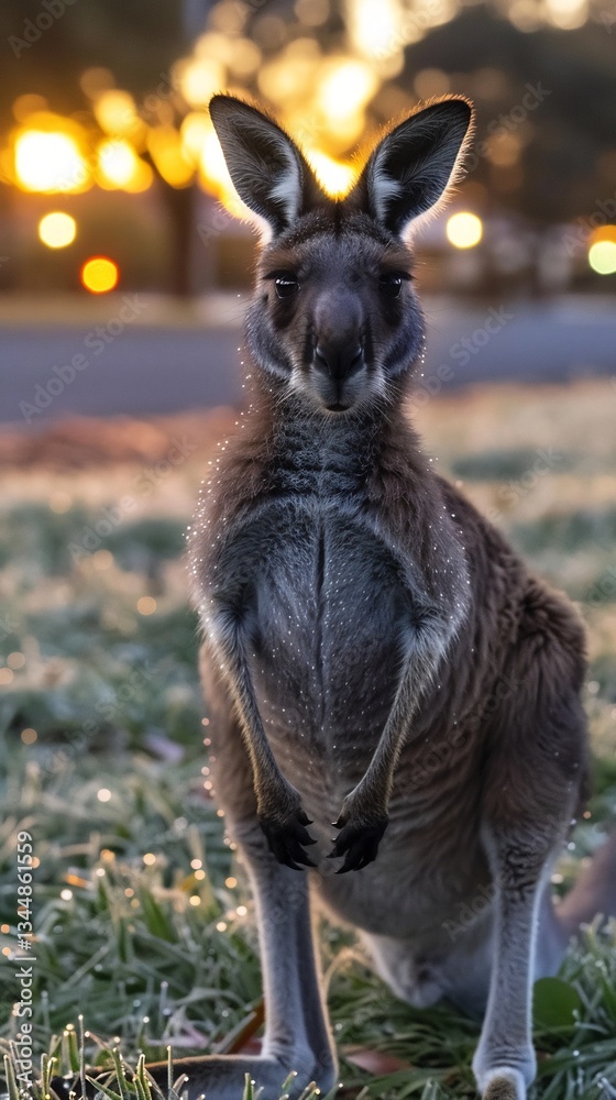 Western Grey Kangaroo cautiously exploring suburban park dawn dew covered grass distant streetlight still glowing soft atmospheric light blending nature urban element taken f4 balanced subject Western Grey Kangaroo cautiously exploring suburban park dawn dew covered grass distant streetlight still glowing soft atmospheric light blending nature urban element taken f4 balanced subject