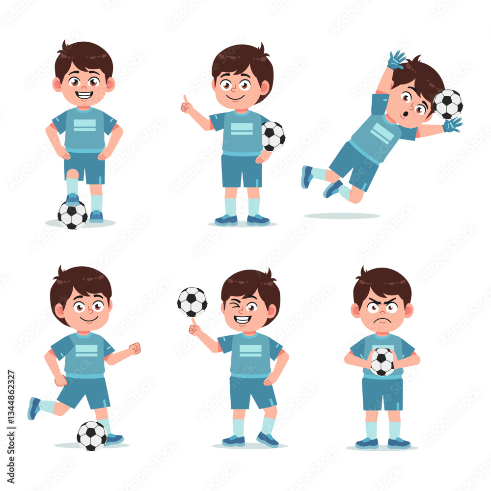 Cute Boy Cartoon Character Playing Football Cute Boy Cartoon Character Playing Football