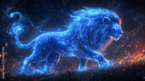 Mystical blue lion glowing with cosmic energy surrounded by stars and embers against night sky background. Concept of spiritual power, strength, and fantasy