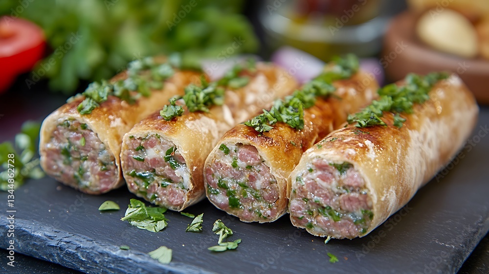 Crispy for Stuffed Meat Rolls on Slate. Crispy for Stuffed Meat Rolls on Slate.