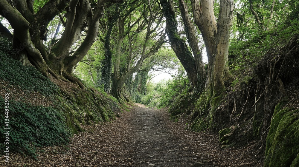 Obraz premium Serene Forest Pathway Surrounded by Majestic Trees and Lush Greenery in Tranquil Nature Setting