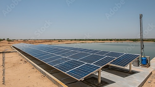 Solar panels installed over a water reservoir for water pumping