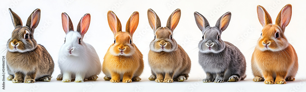 Fototapeta premium A serene and photorealistic image of six rabbits showcasing diverse coat colors. Ideal for pet care promotions, Easter themes, or children's book illustrations.