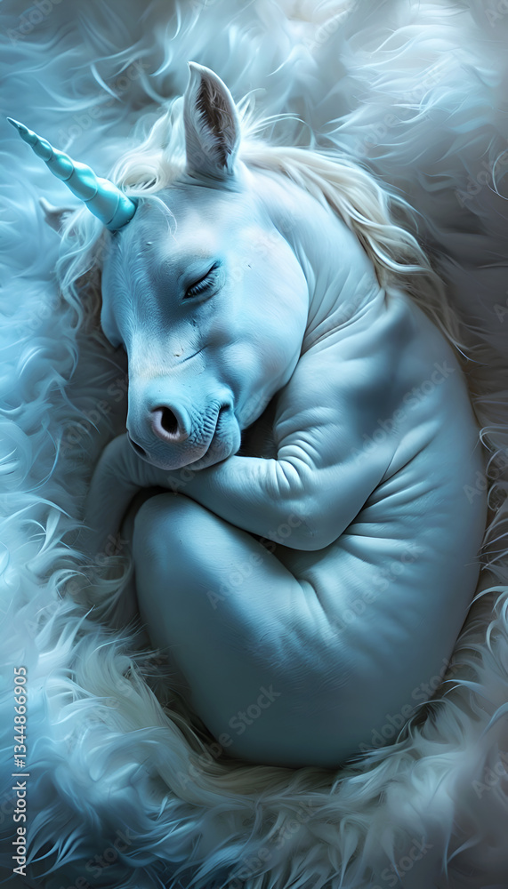 cutest white Unicorn baby sleeping on fur cover. Digital artwork. Ai generated