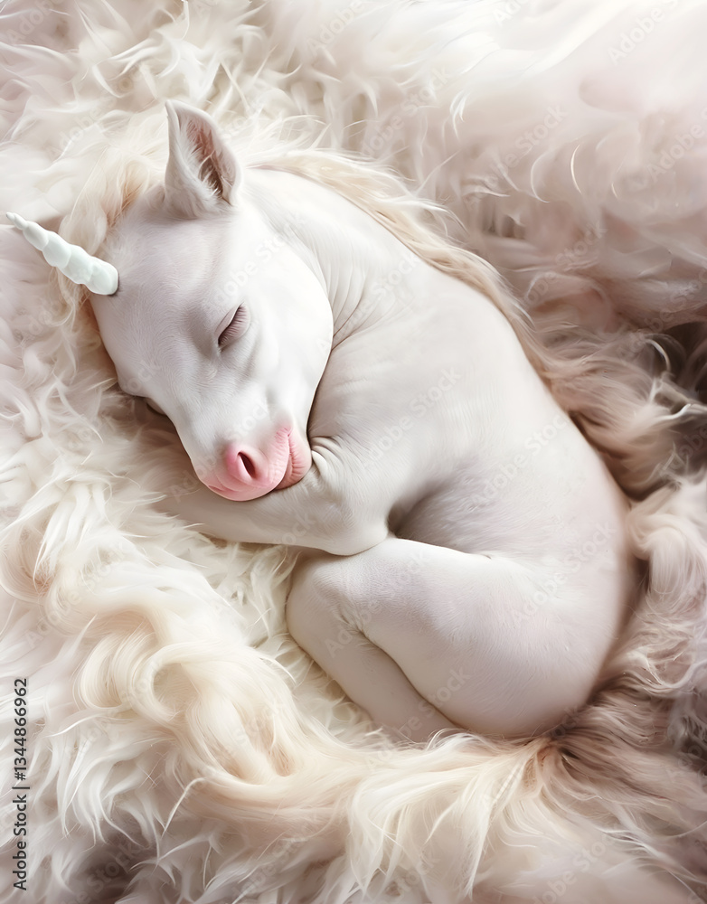 cutest white Unicorn baby sleeping on fur cover. Digital artwork. Ai generated