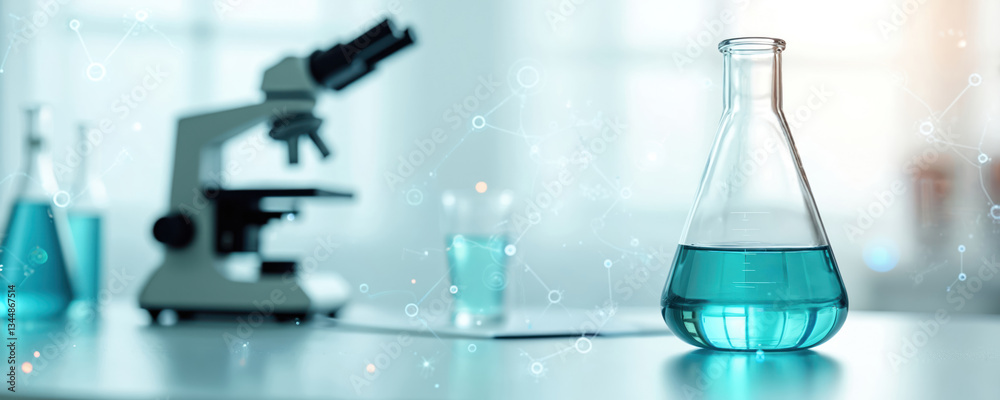 Glass flask, microscope in soft white blue light science medical lab. Research data information graph banner background. Diagnostic equipment, experiment, health analysis in clinic, laboratory.