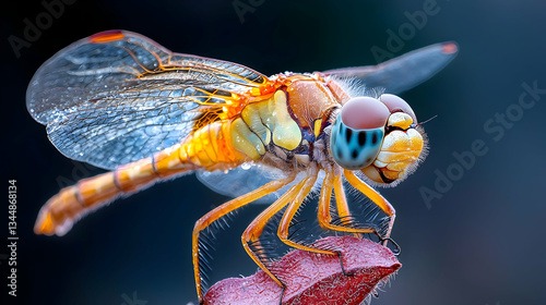 Extreme Macro Photography of a Colorful Dragonfly Perched on a Leaf in Nature