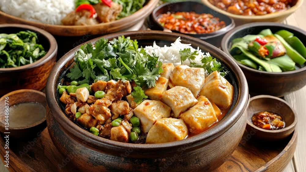 Delicious bowl of authentic Asian dishes featuring tofu, rice, and vegetables served in traditional pottery Delicious bowl of authentic Asian dishes featuring tofu, rice, and vegetables served in traditional pottery