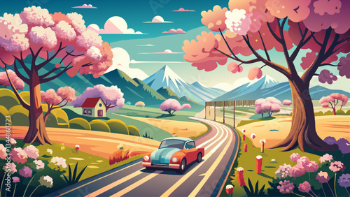 A car drives along a rural road lined with cherry trees