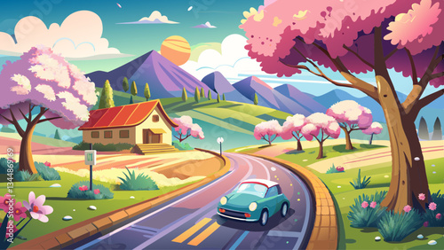 A car drives along a rural road lined with cherry trees
