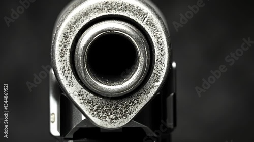Close-up view of gun barrel showcasing intricate details in bright lighting with dark background